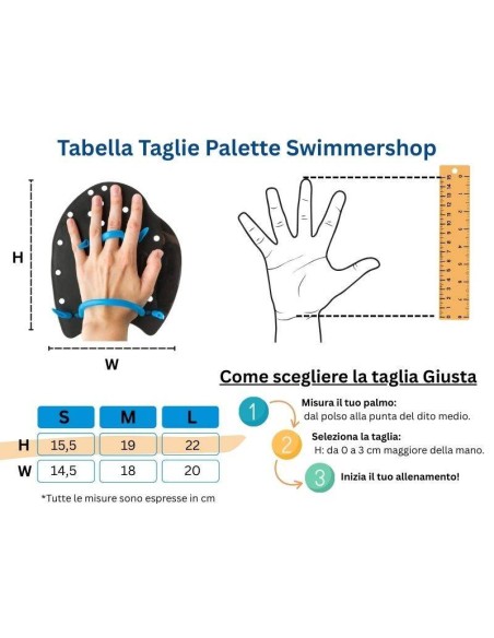 tabella taglie palette con misure S M L del palmo