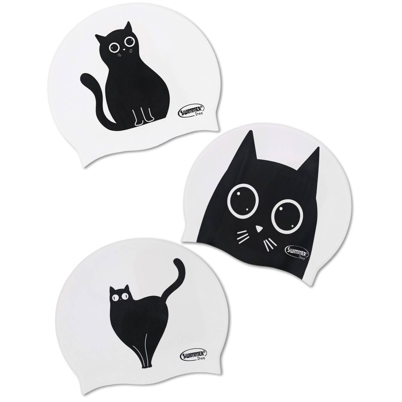 Cuffia piscina in silicone bianca con gatto stilizzato - 3 varianti